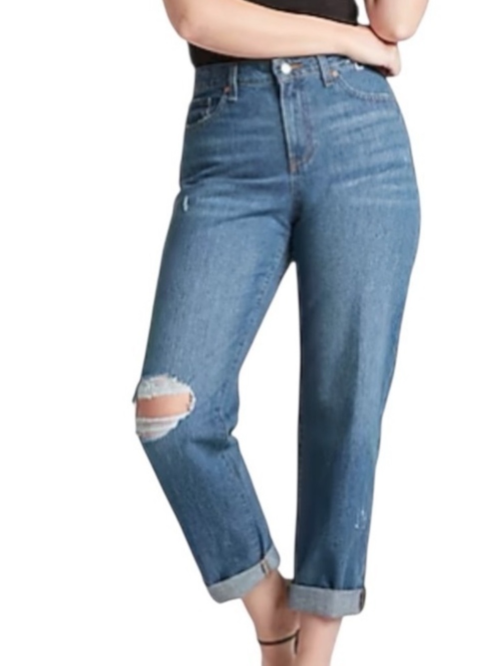 Express Women 4R Medium Wash Denim Ripped Cut Hem Mid Rise Boyfriend Jeans